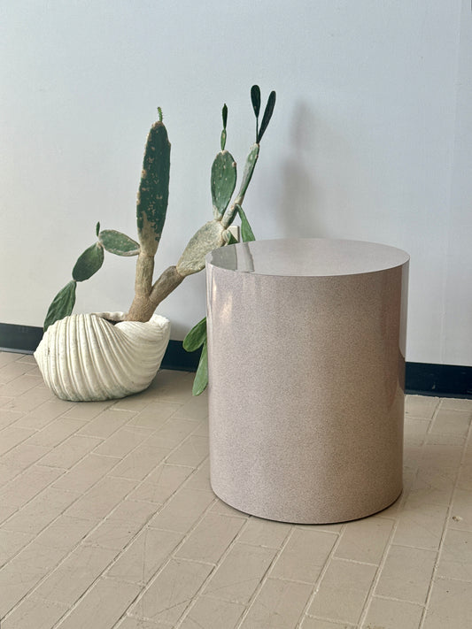 Postmodern Speckled Soft Rose Laminate Drum Side Table