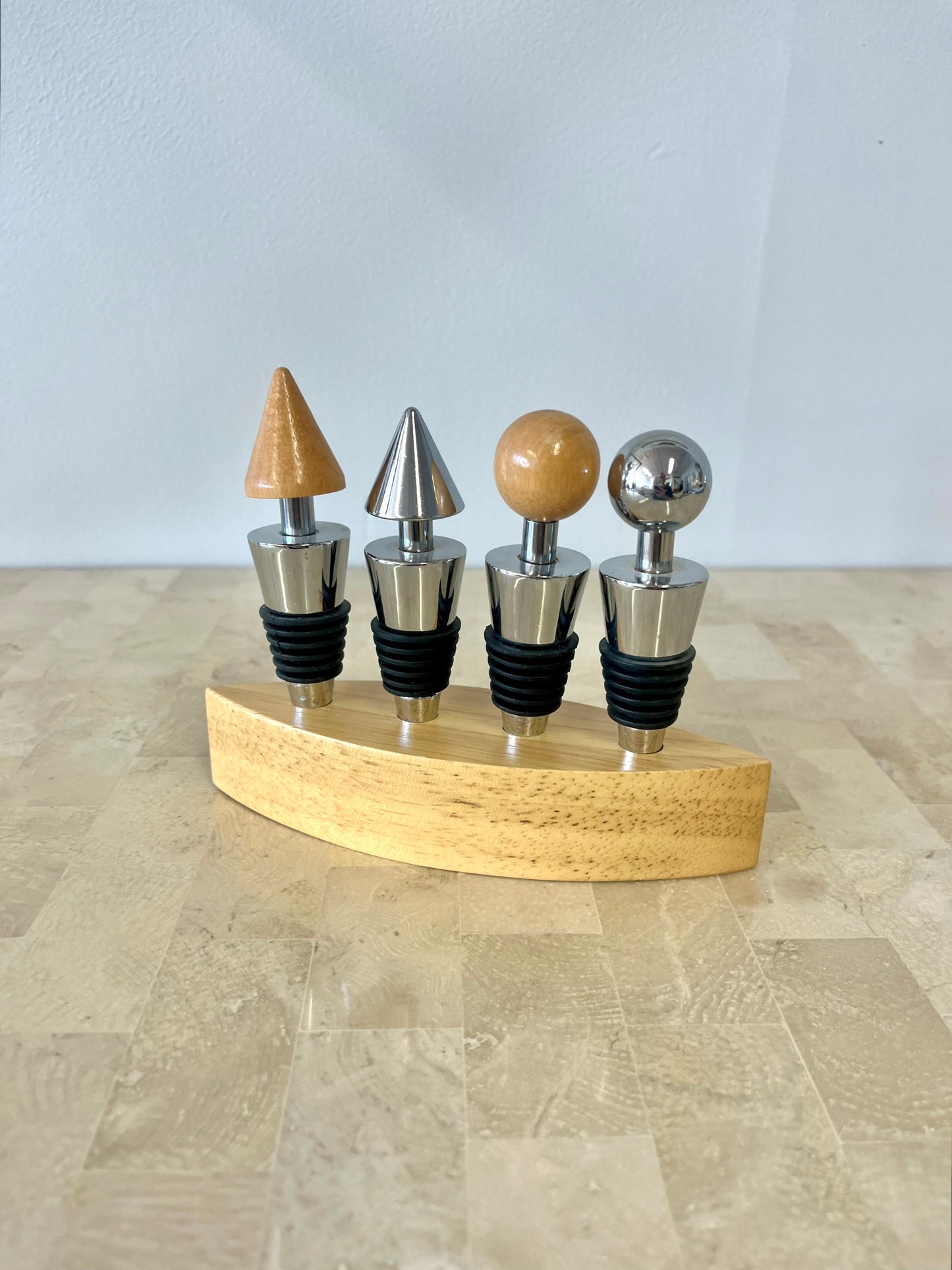Postmodern Stainless Steel and Oak Bottle Stopper Set