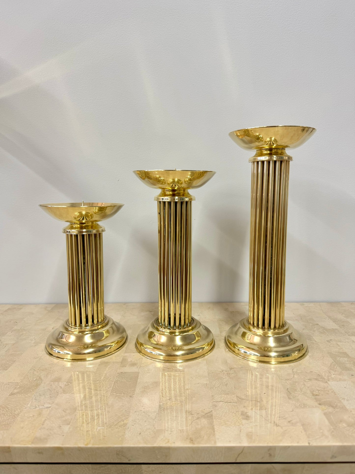 Vintage Brass Pedestal Pillar Candle Holder Trio