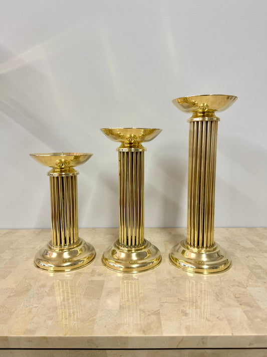 Vintage Brass Pedestal Pillar Candle Holder Trio