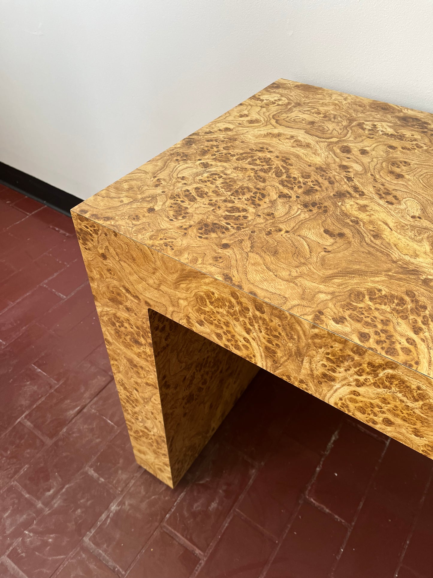 Vintage Parsons Style Burl Laminate Console Table
