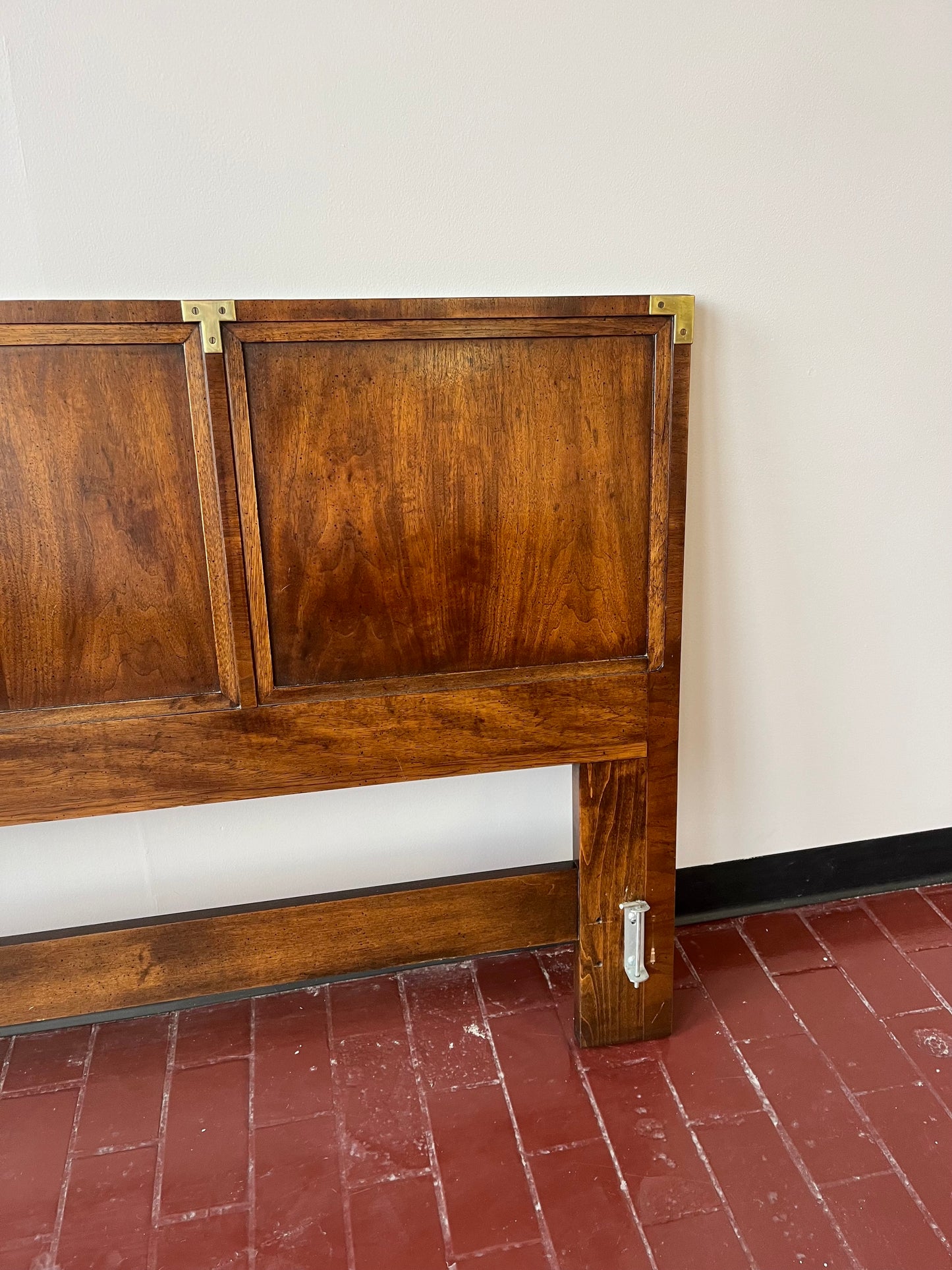 Mid Century Henredon Campaign Style Walnut and Brass King Headboard