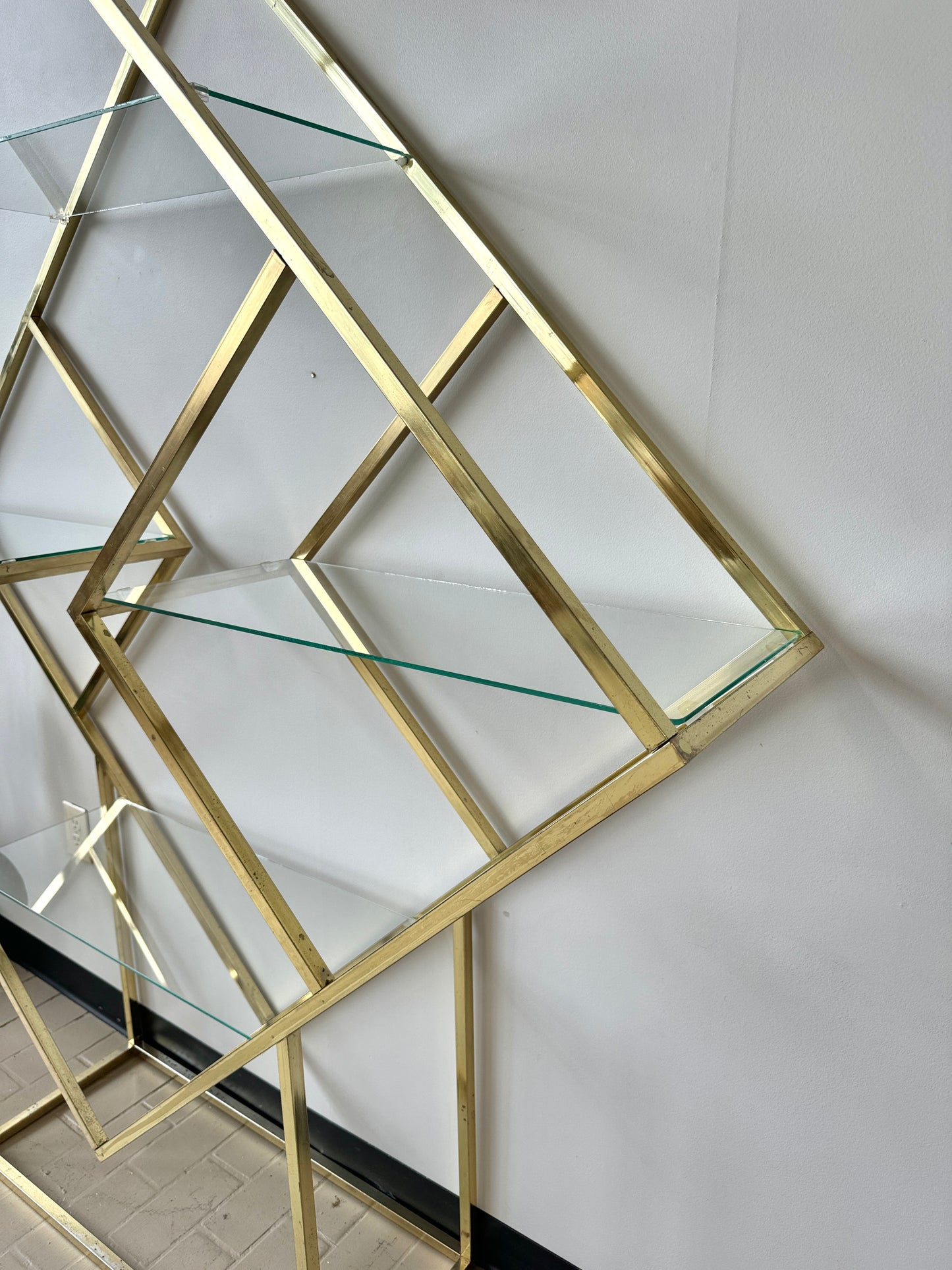Vintage Diamond Brass and Glass Etagere