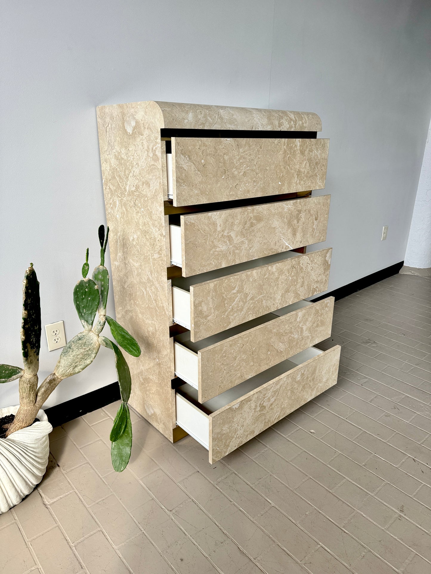 Postmodern Faux Marble Laminate & Brass Waterfall Highboy Dresser
