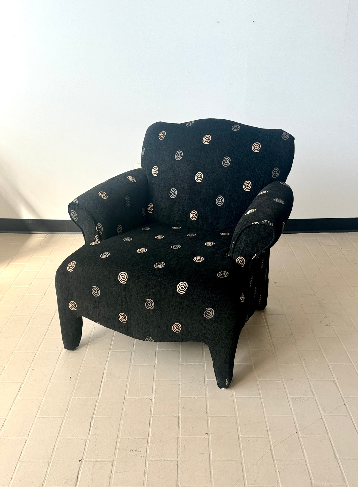 Postmodern Spiral Motif Upholstered Club Chair in the style of Donghia Luciano