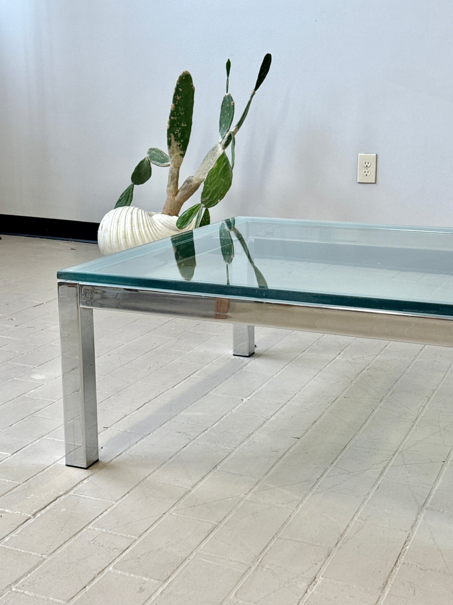 Milo Baughman Style Mid Century Chrome and Glass Coffee Table