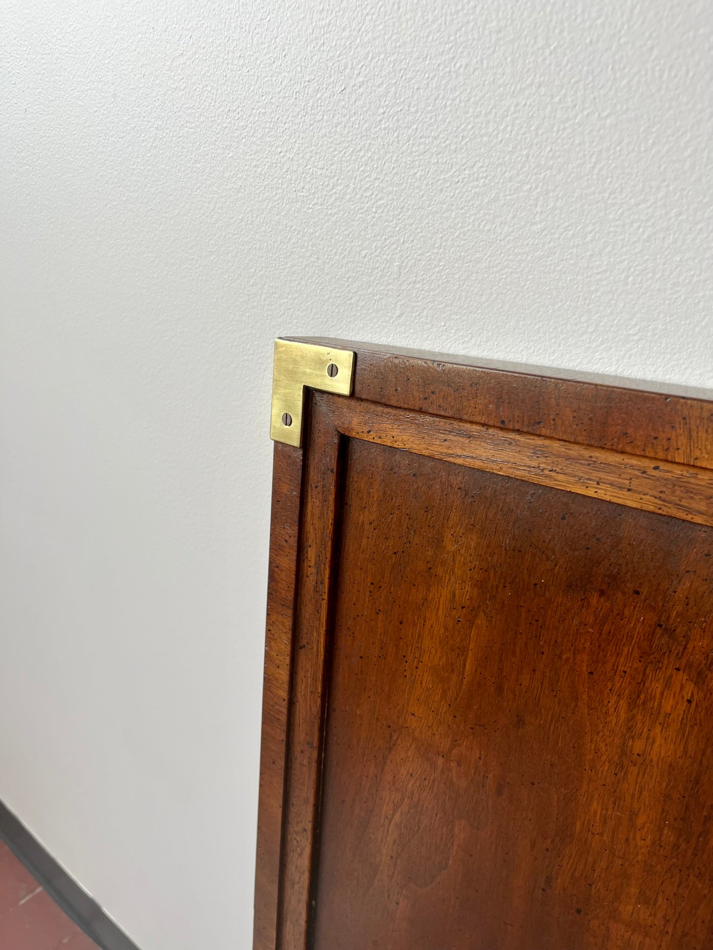 Mid Century Henredon Campaign Style Walnut and Brass King Headboard