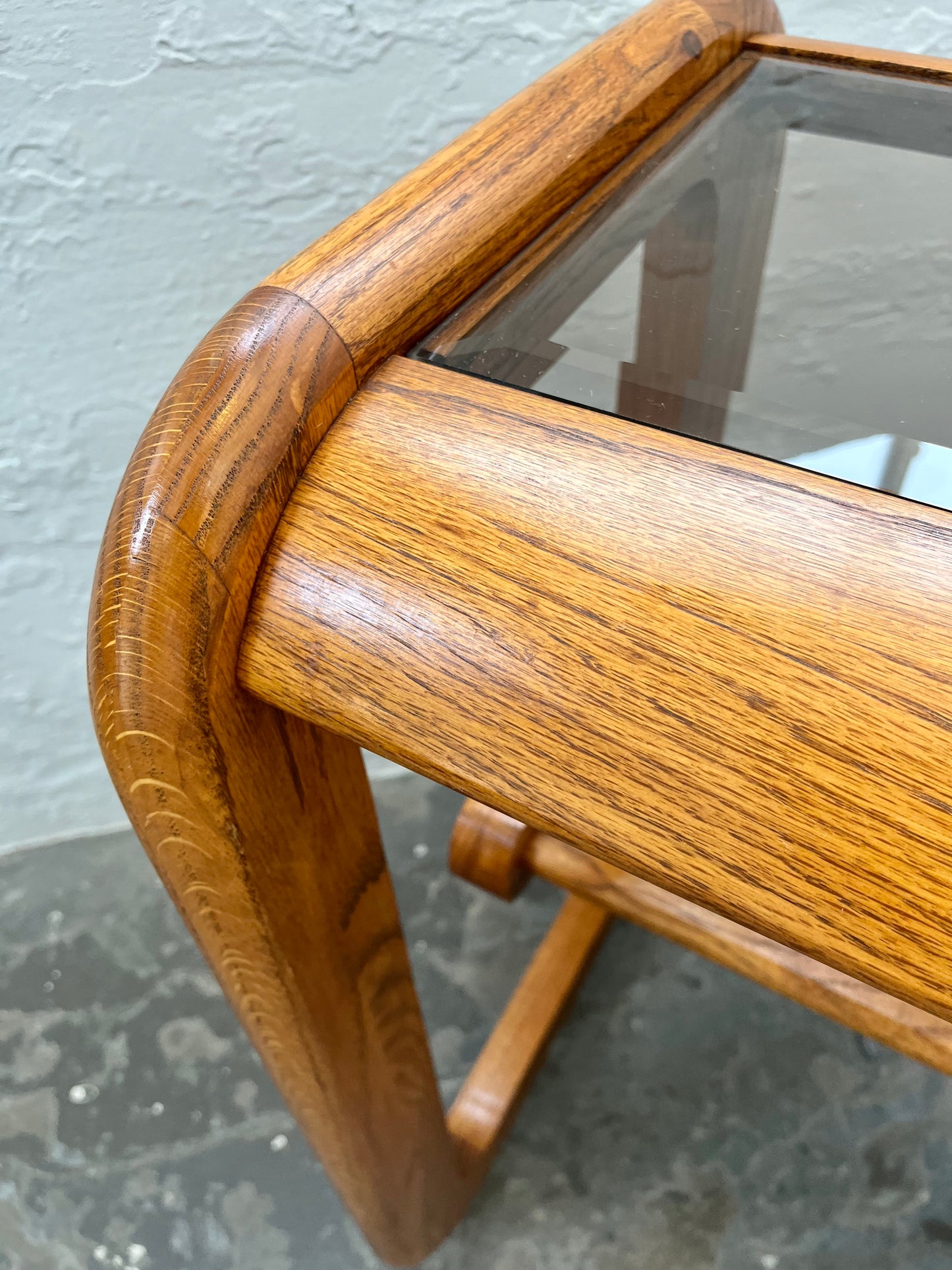 Postmodern Lou Hodges Style Oak and Smoked Glass Console Table