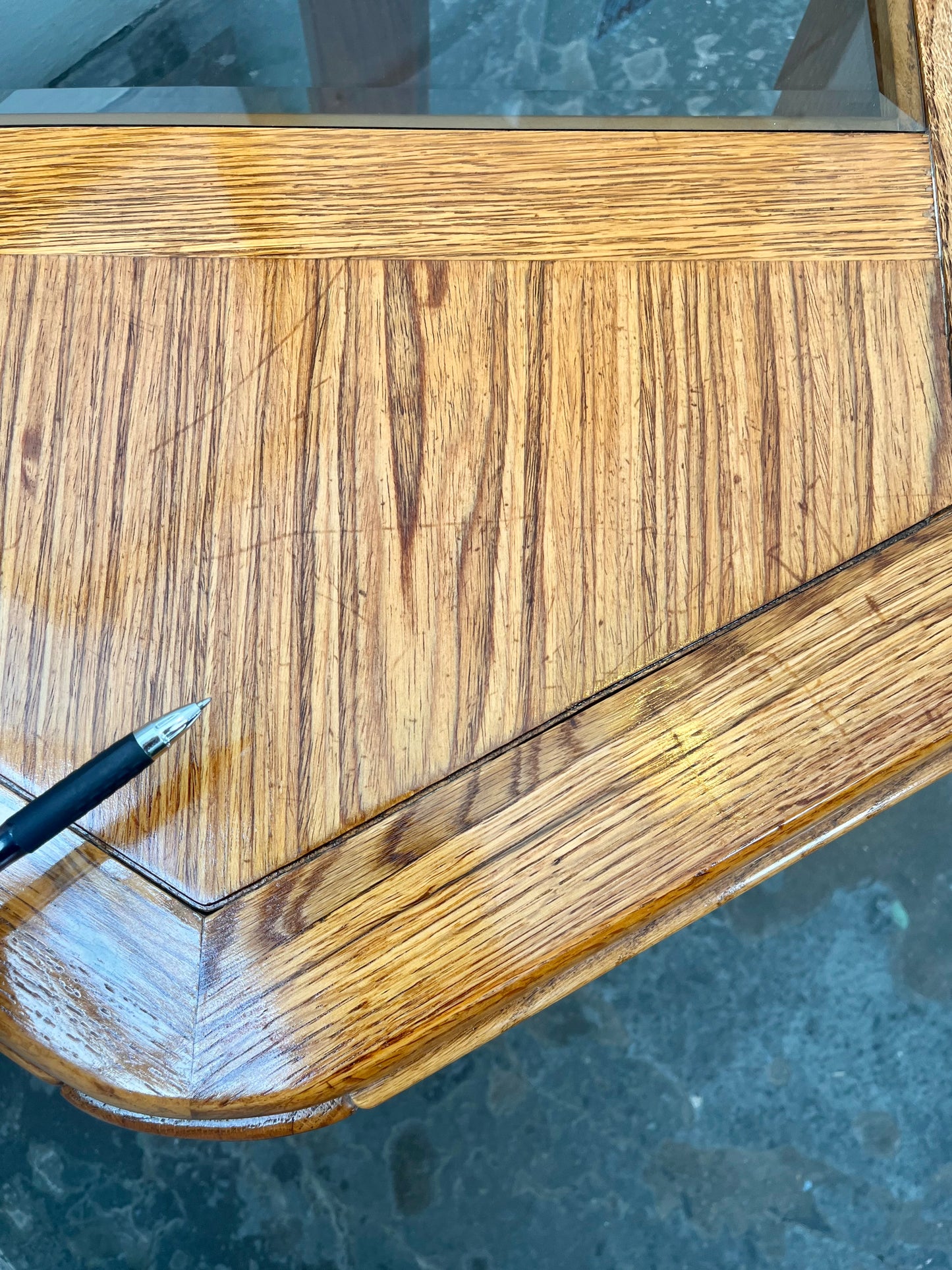 Postmodern Oak Hexagon End Table with Smoked Glass and Teak Top