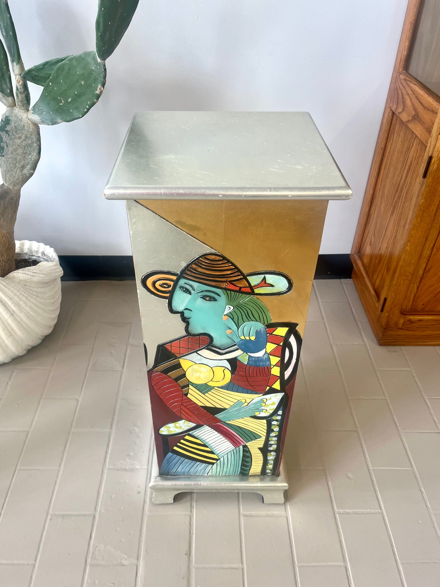 Vintage Picasso Style Silver and Gold Leaf Abstract Figure Pedestal