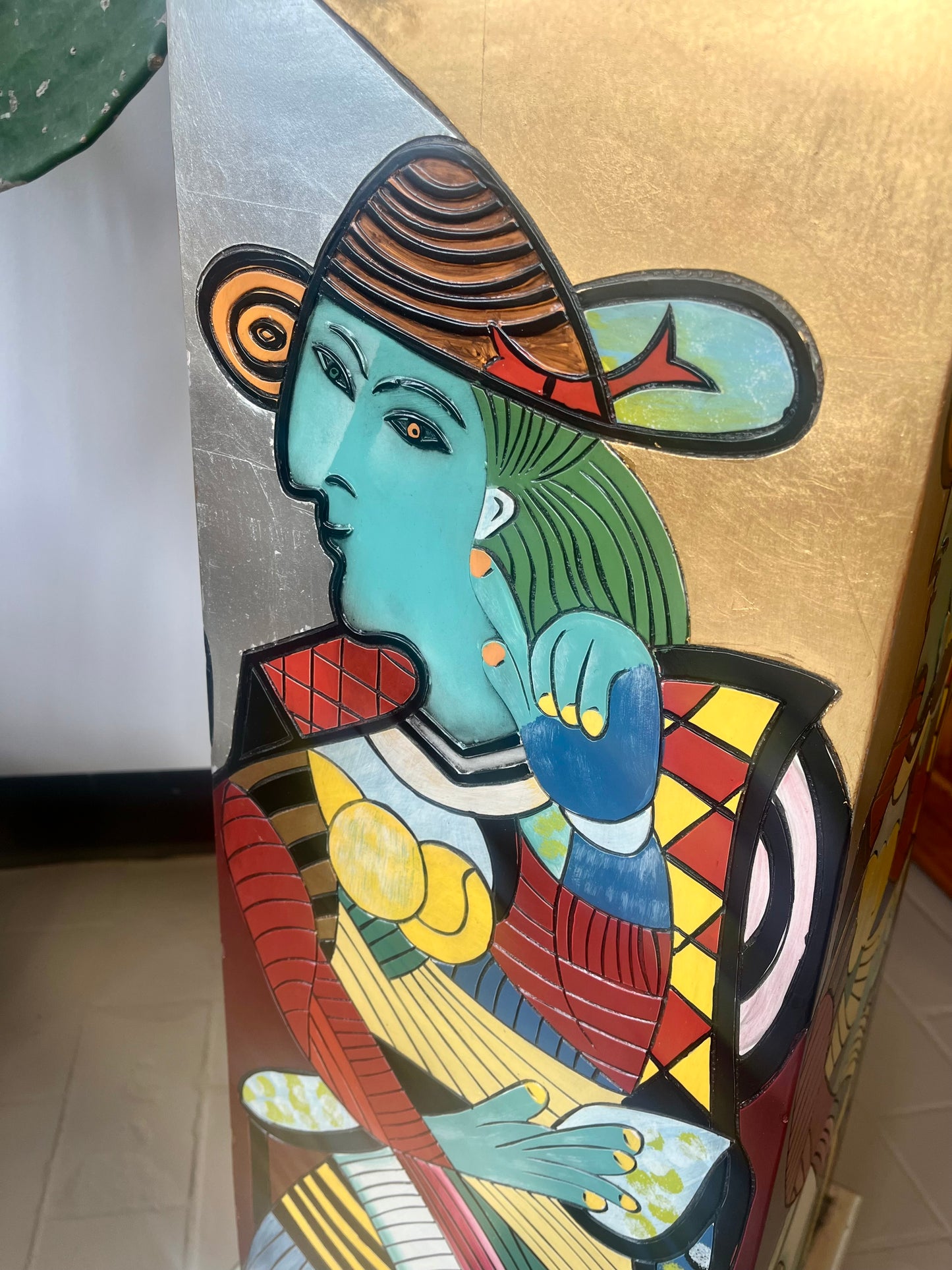 Vintage Picasso Style Silver and Gold Leaf Abstract Figure Pedestal
