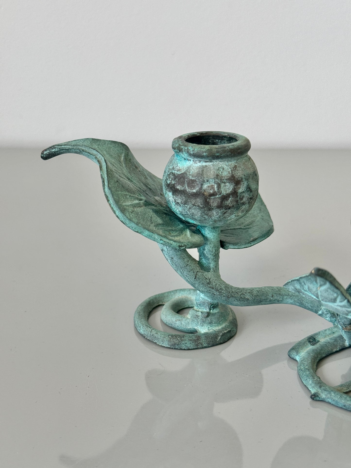 Vintage Green Verdigris Iron Vine Double Candelabra