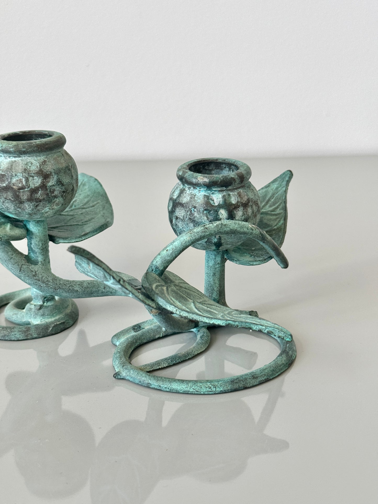 Vintage Green Verdigris Iron Vine Double Candelabra