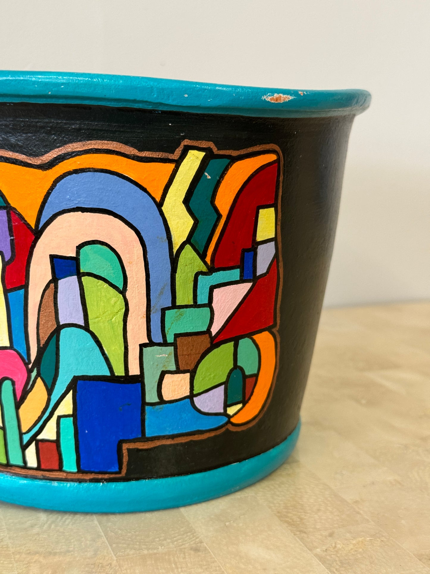 Vintage Handpainted Abstract Cubist Style Ceramic Planter