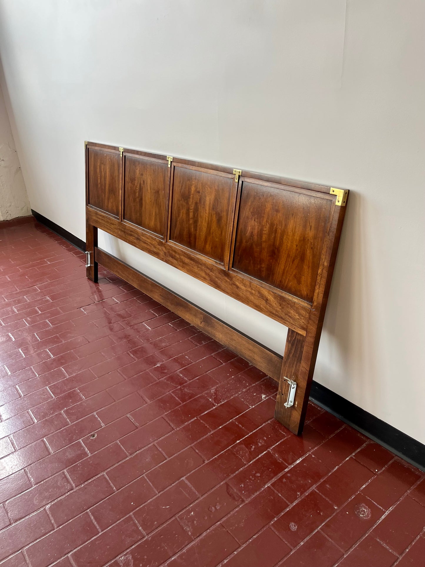 Mid Century Henredon Campaign Style Walnut and Brass King Headboard