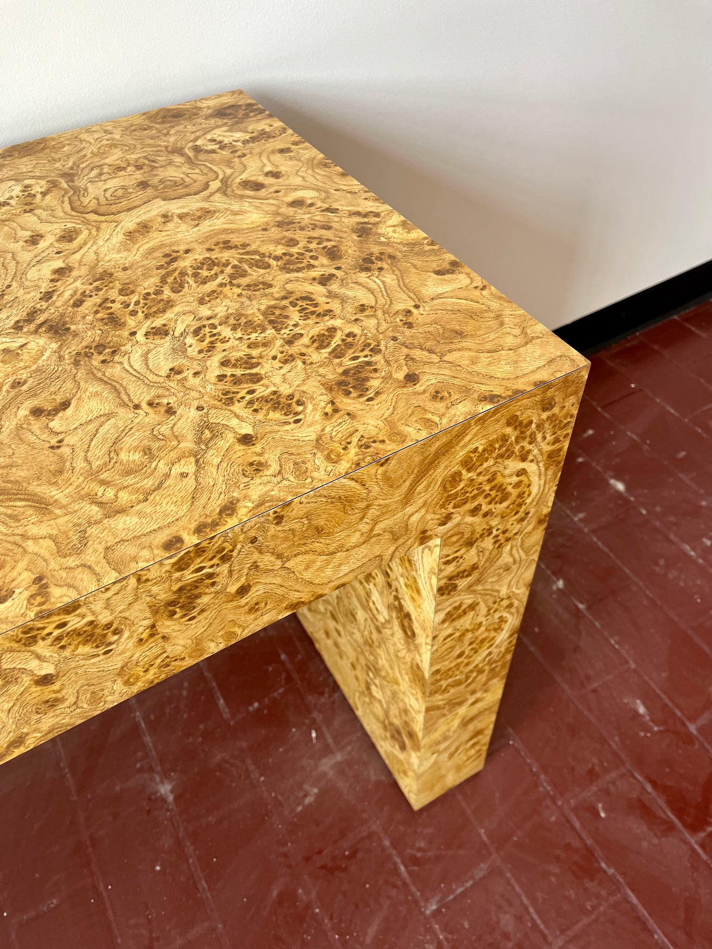 Vintage Parsons Style Burl Laminate Console Table