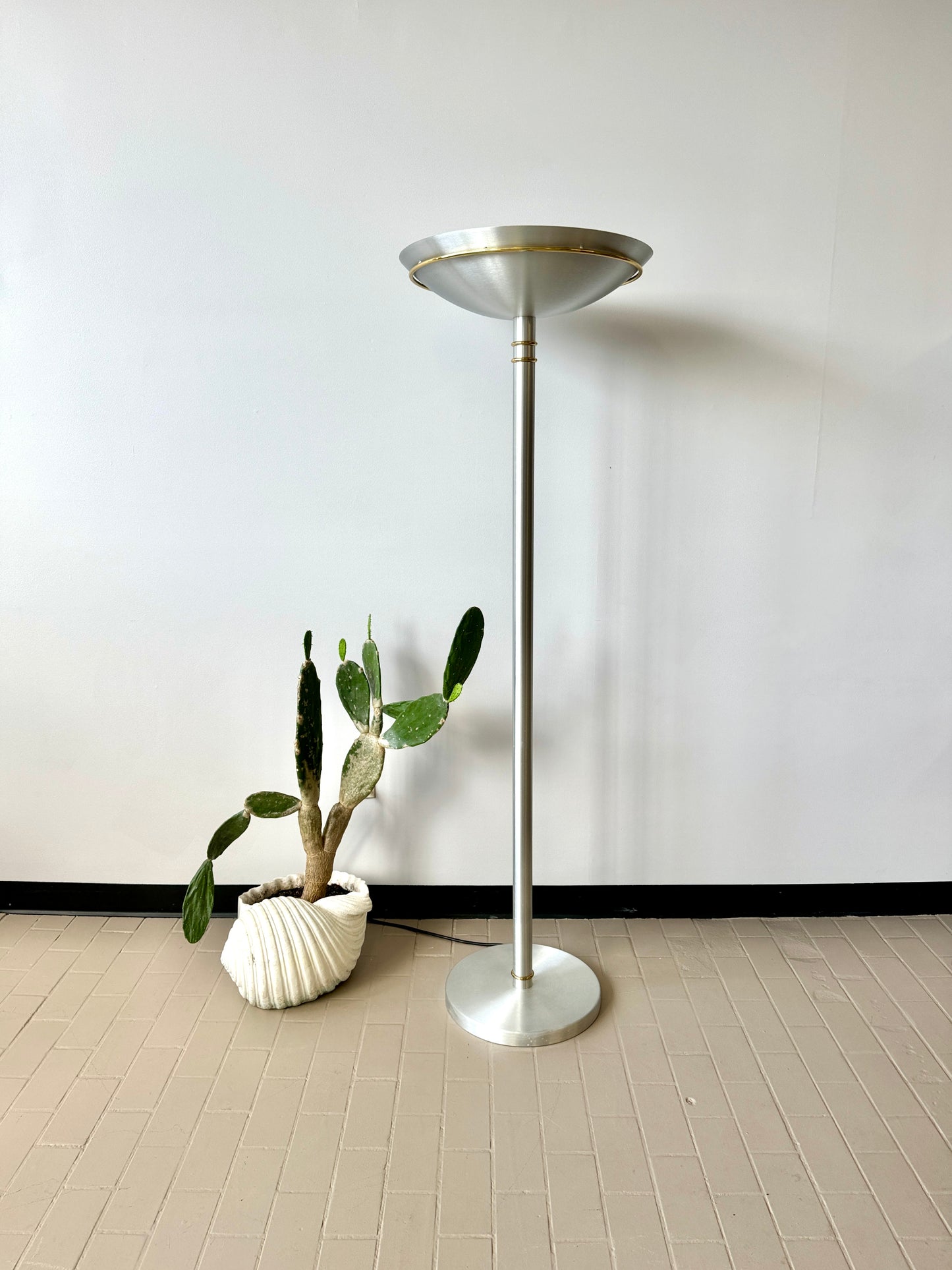 Vintage Postmodern Brushed Aluminum and Brass Torchiere Floor Lamp