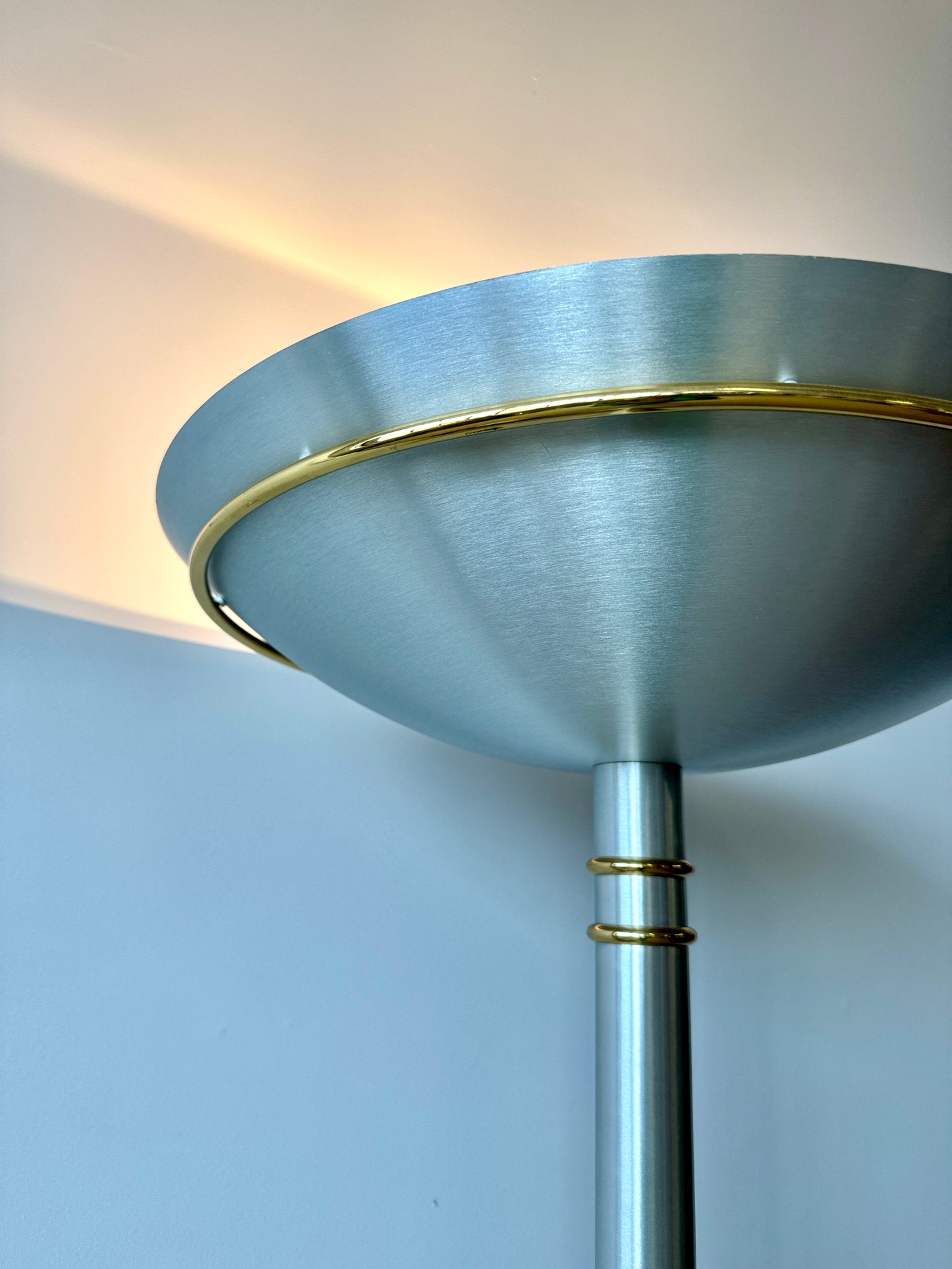 Vintage Postmodern Brushed Aluminum and Brass Torchiere Floor Lamp
