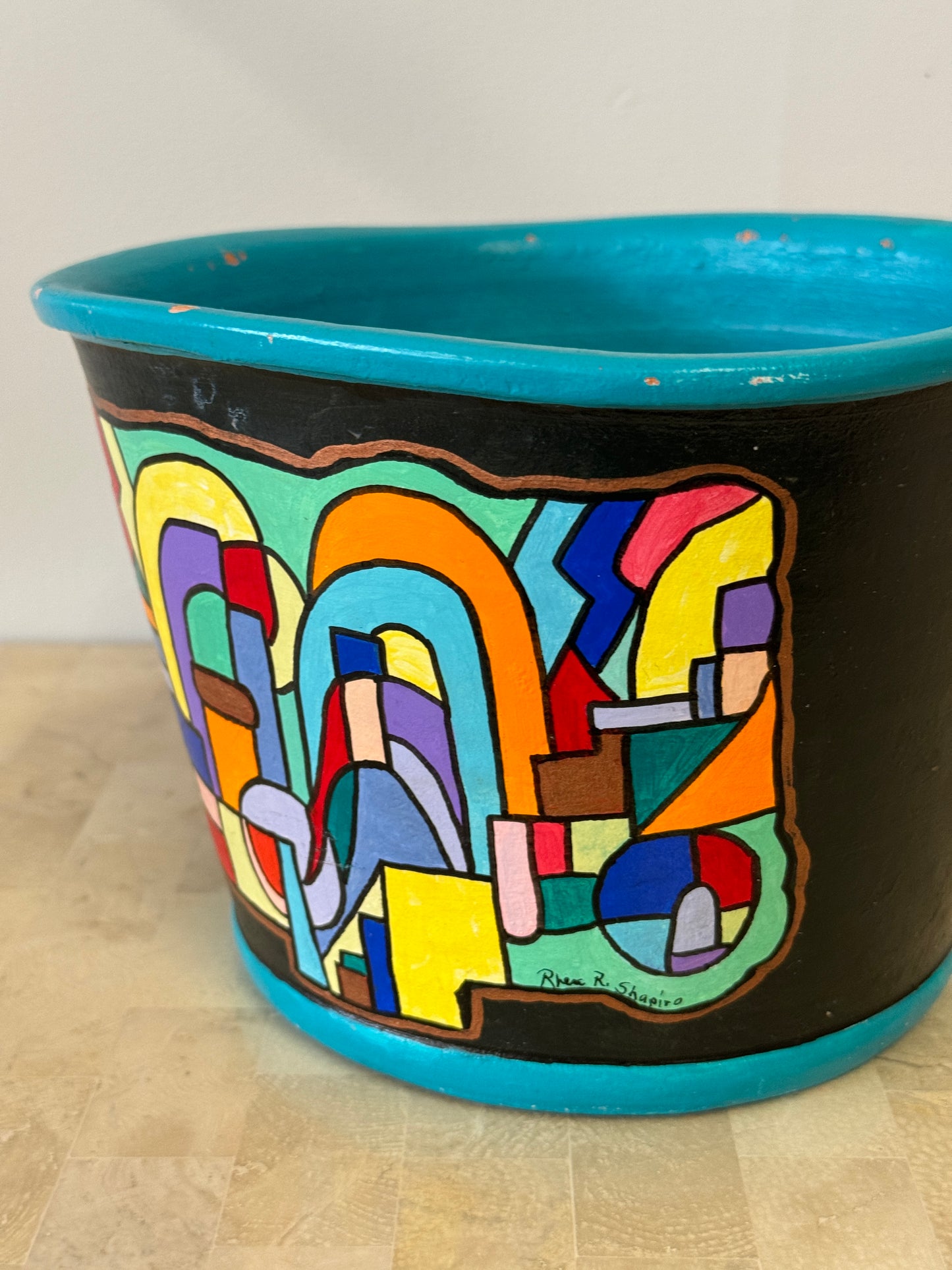 Vintage Handpainted Abstract Cubist Style Ceramic Planter