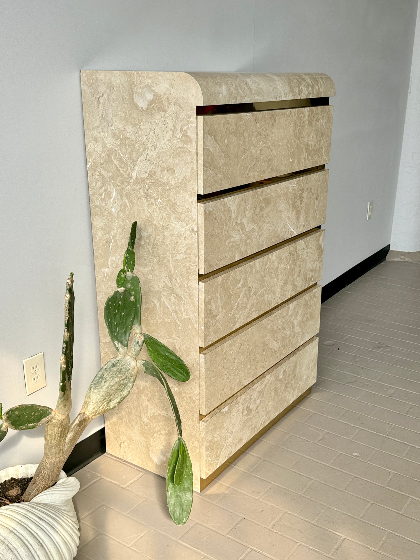 Postmodern Faux Marble Laminate & Brass Waterfall Highboy Dresser
