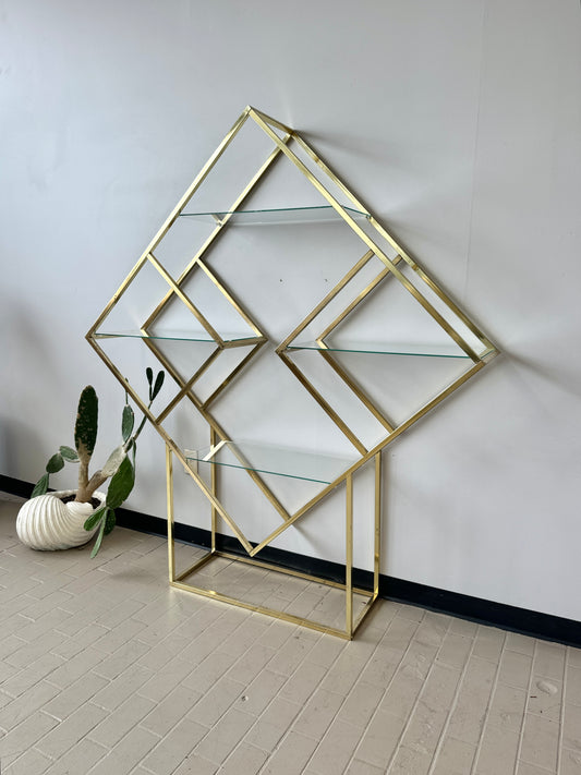 Vintage Diamond Brass and Glass Etagere