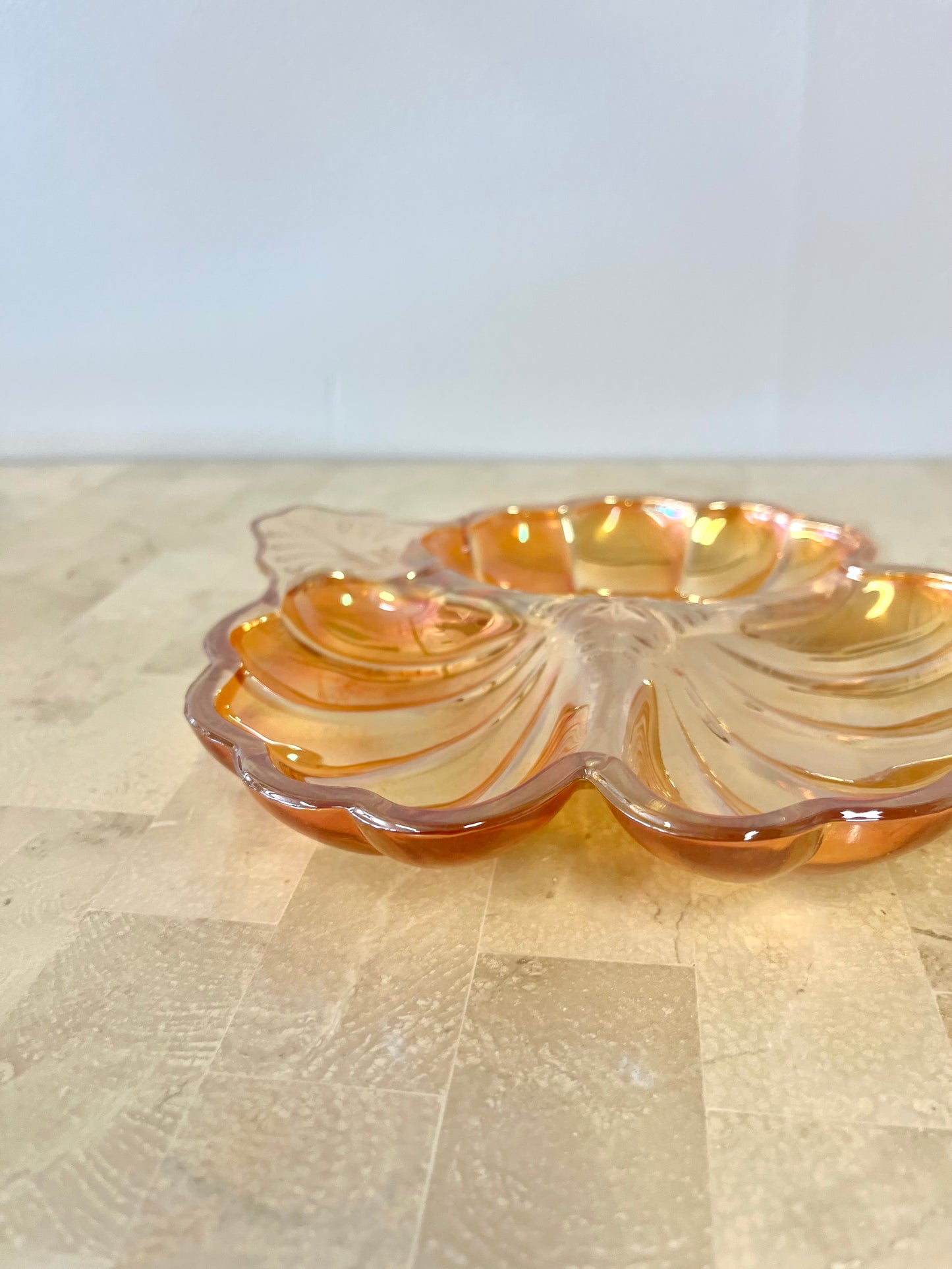 Vintage Marigold Carnival Glass Clover Trinket Dish