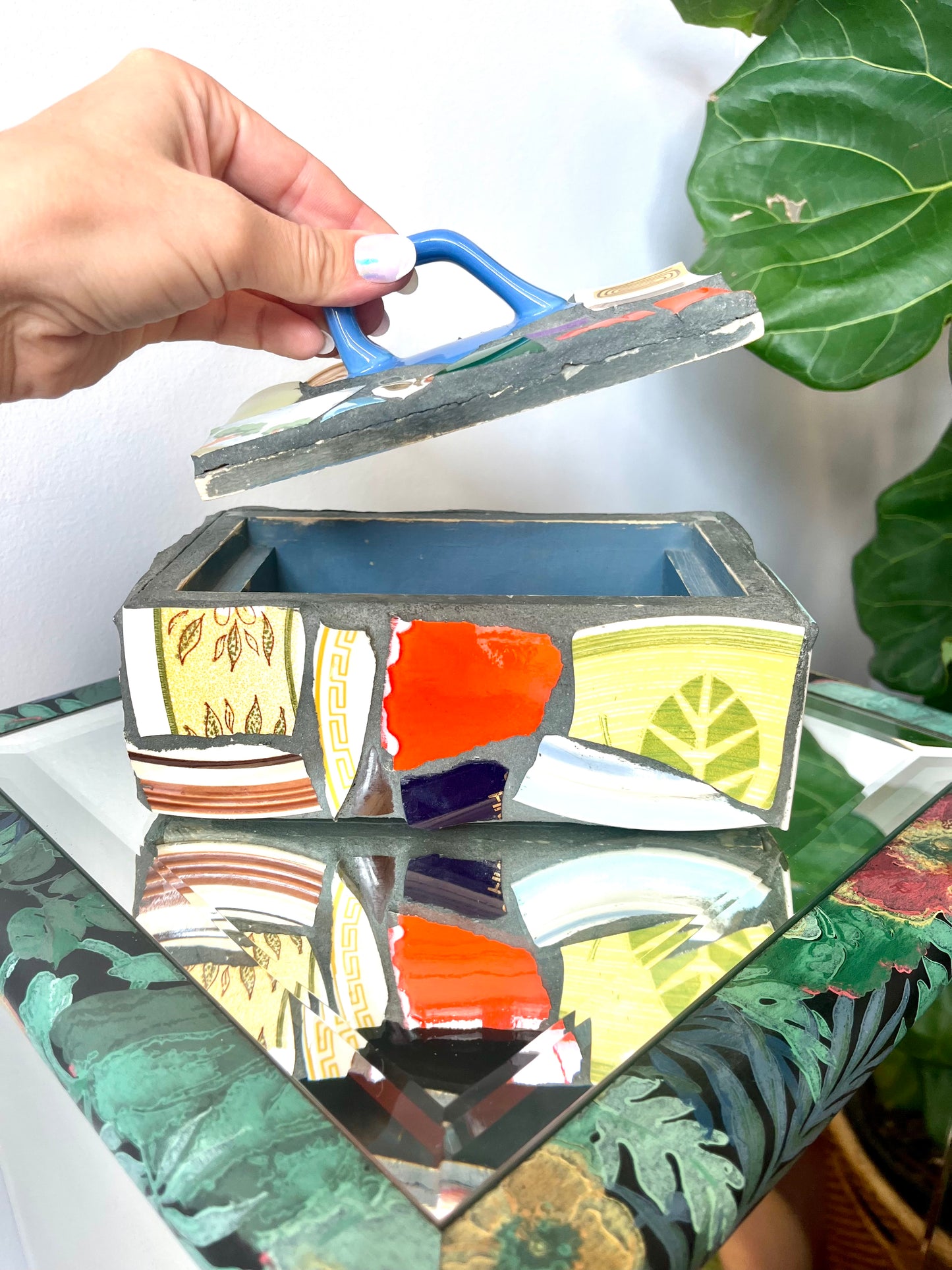 Vintage Ceramic Shard Mosaic and Cement Trinket Box
