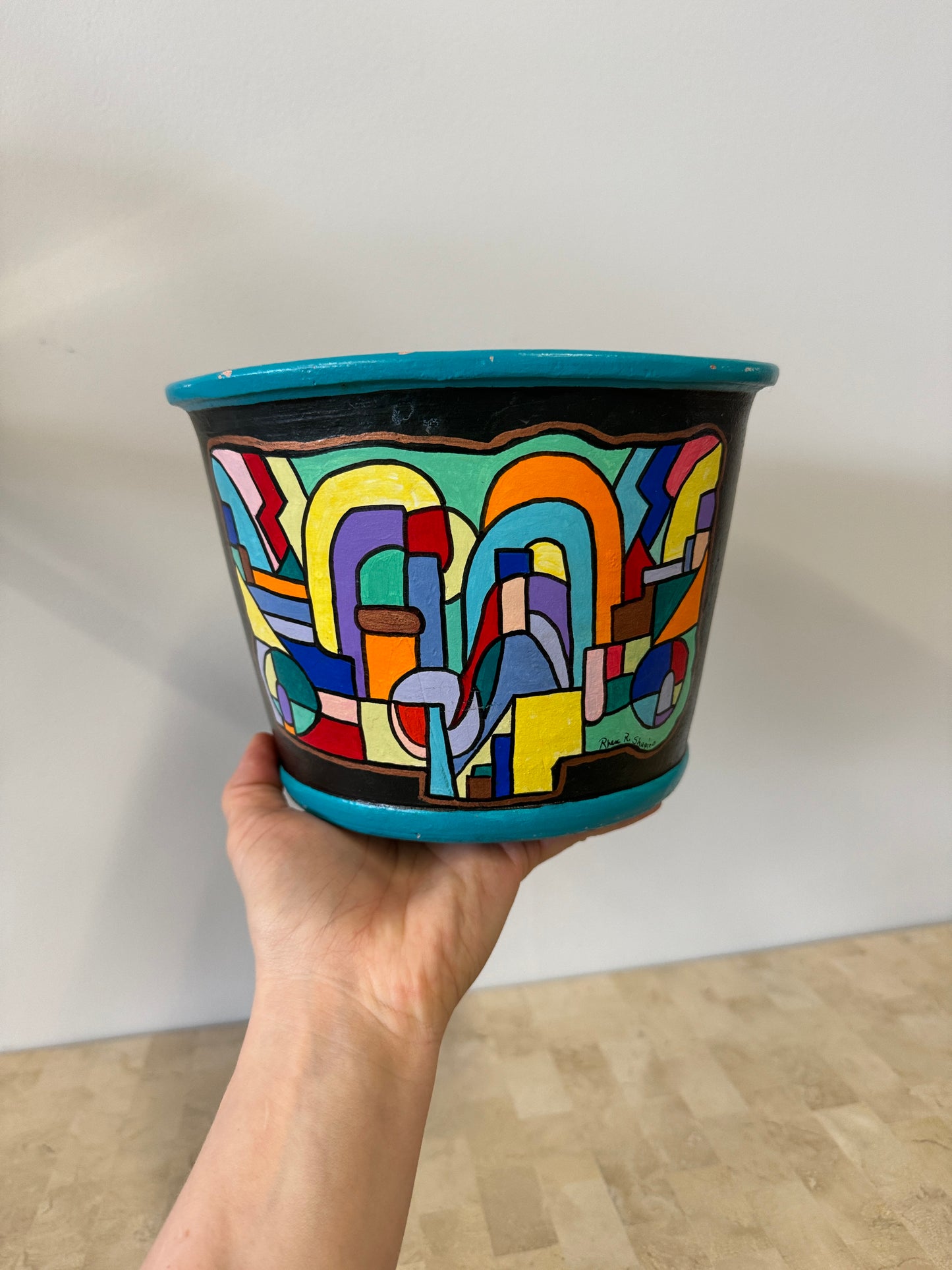 Vintage Handpainted Abstract Cubist Style Ceramic Planter