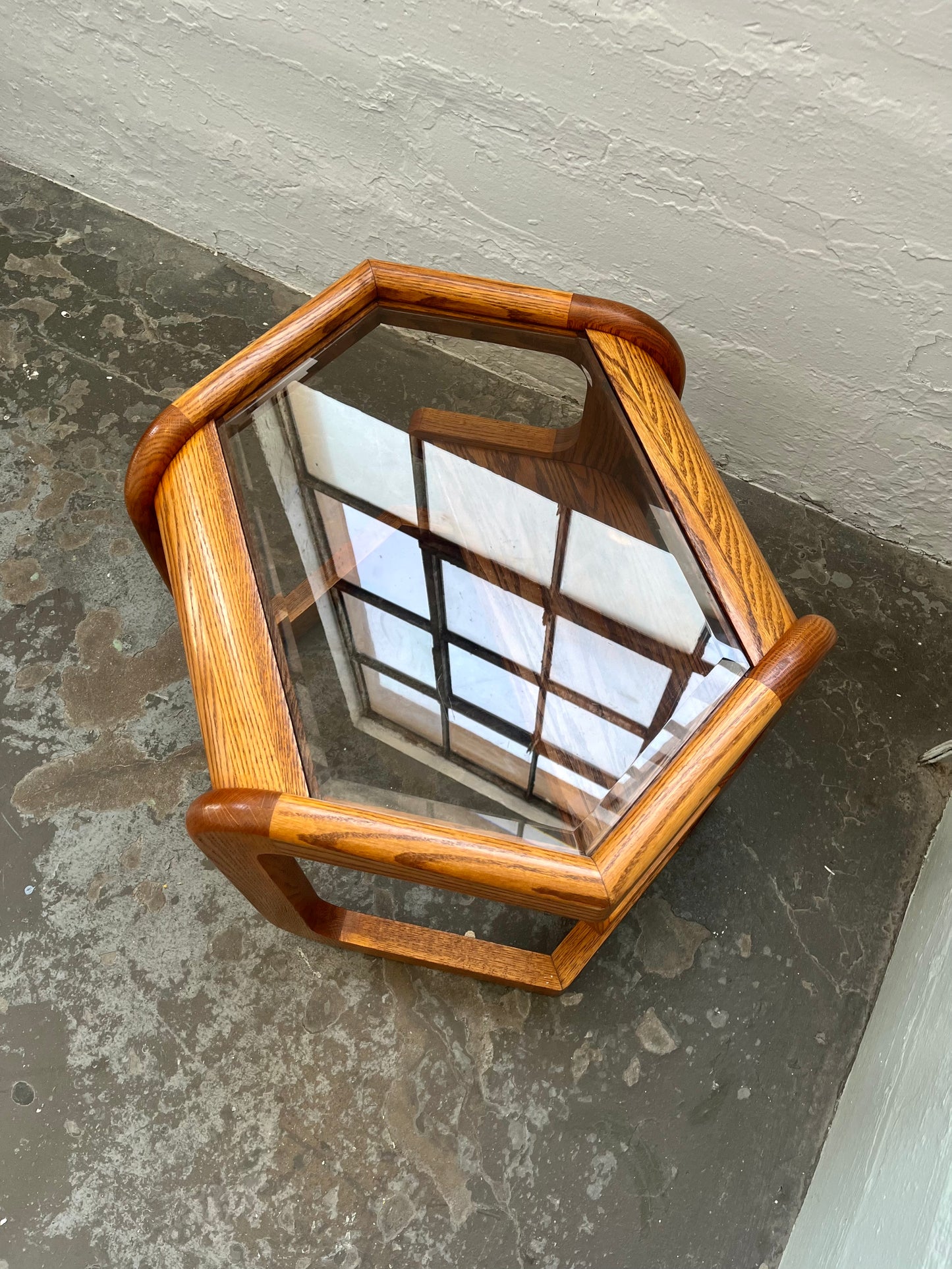 Vintage Postmodern Lou Hodges Style Oak Hexagon End Table