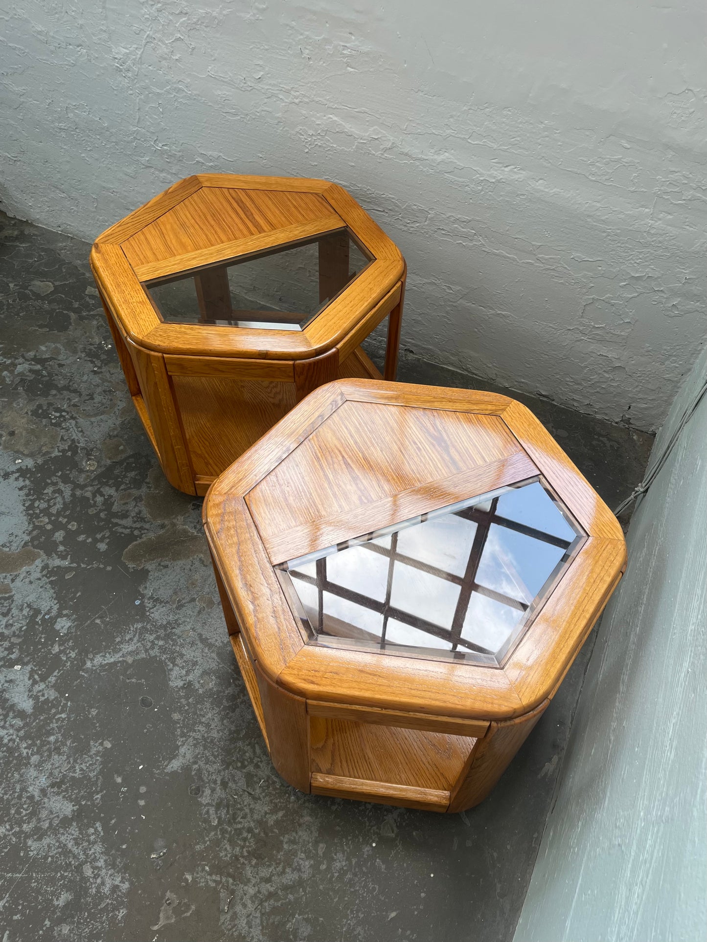 Postmodern Oak Hexagon End Table with Teak and Smoked Glass Tops