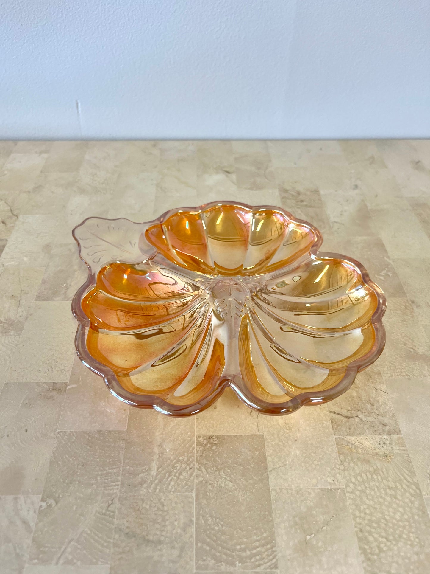 Vintage Marigold Carnival Glass Clover Trinket Dish