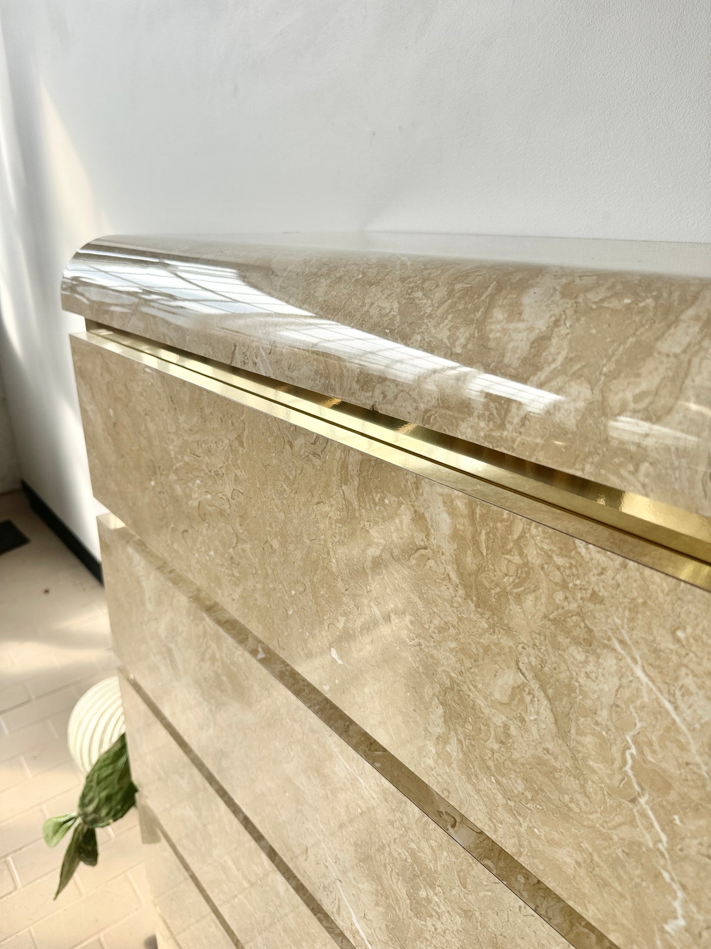 Postmodern Faux Marble Laminate & Brass Waterfall Highboy Dresser