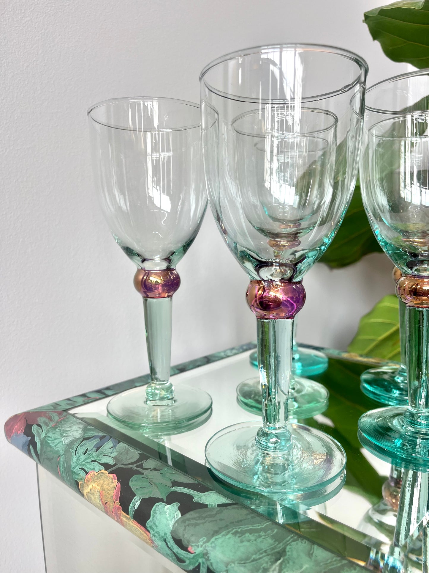 Postmodern Handblown Aqua and Iridescent Purple Wine Glasses