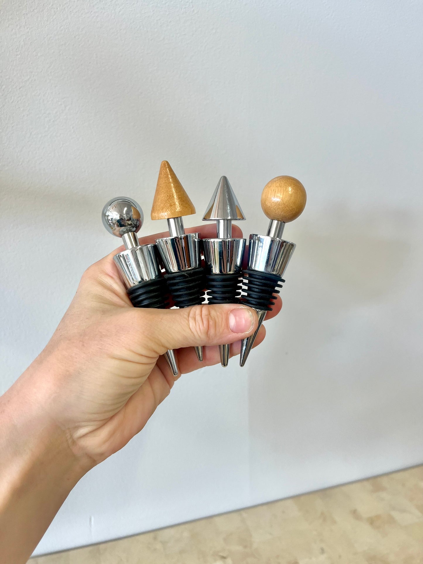 Postmodern Stainless Steel and Oak Bottle Stopper Set