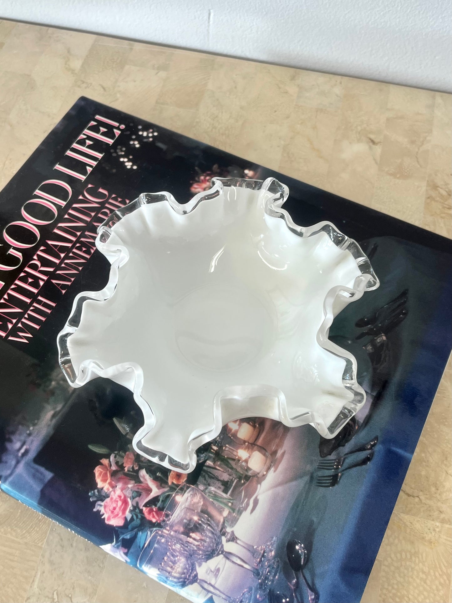 Vintage Fenton Milk Glass Ruffle Trinket Dish