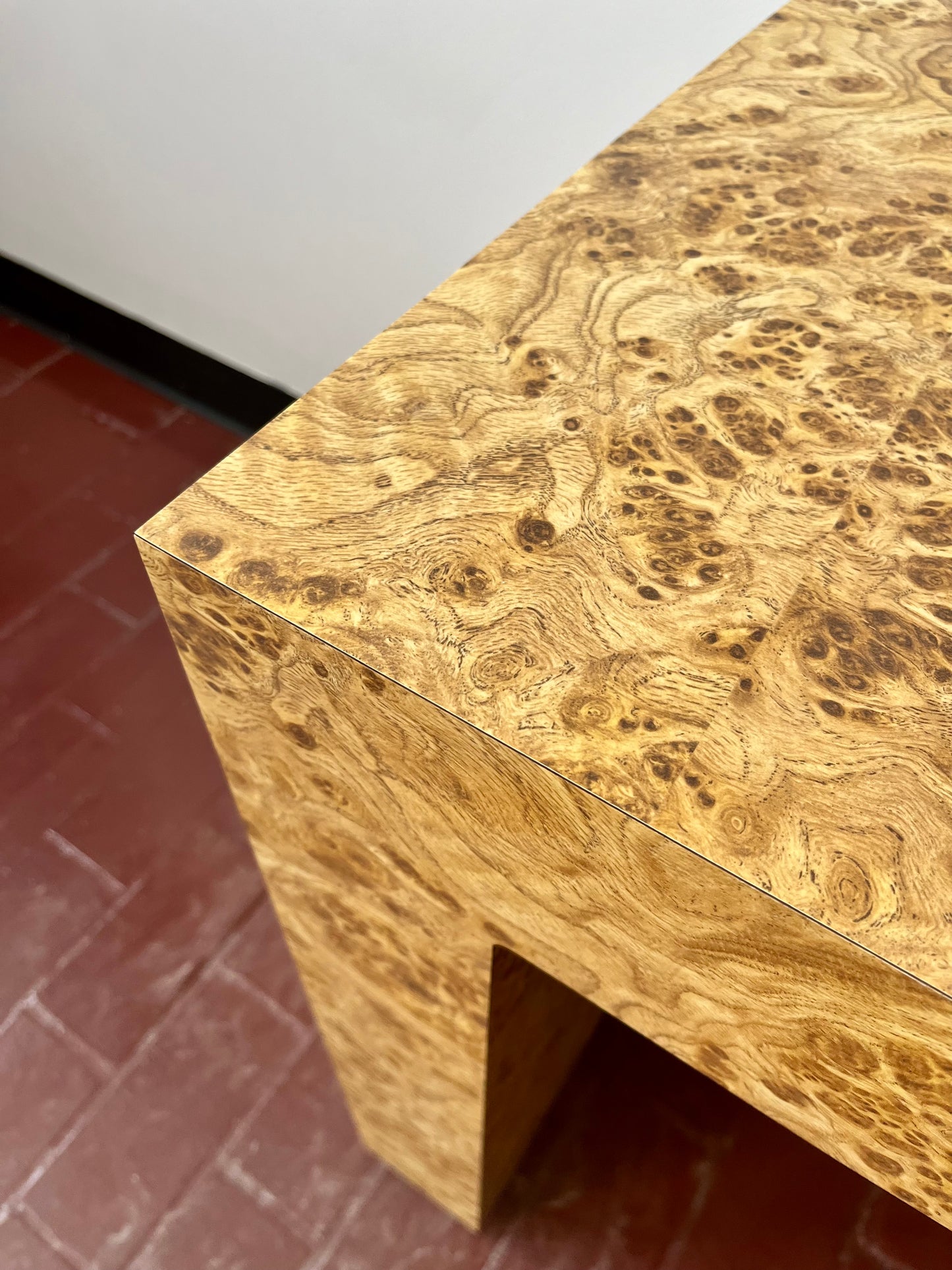 Vintage Parsons Style Burl Laminate Console Table