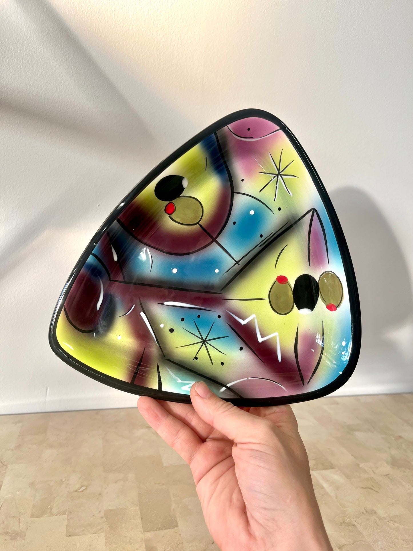 Vintage Clay Art "Retro Martini" Handpainted Boomerang Shaped Trinket Dish