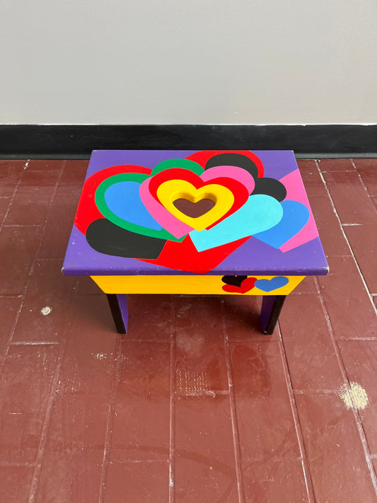 Vintage Whimsical Hearts Handpainted Wooden Stool