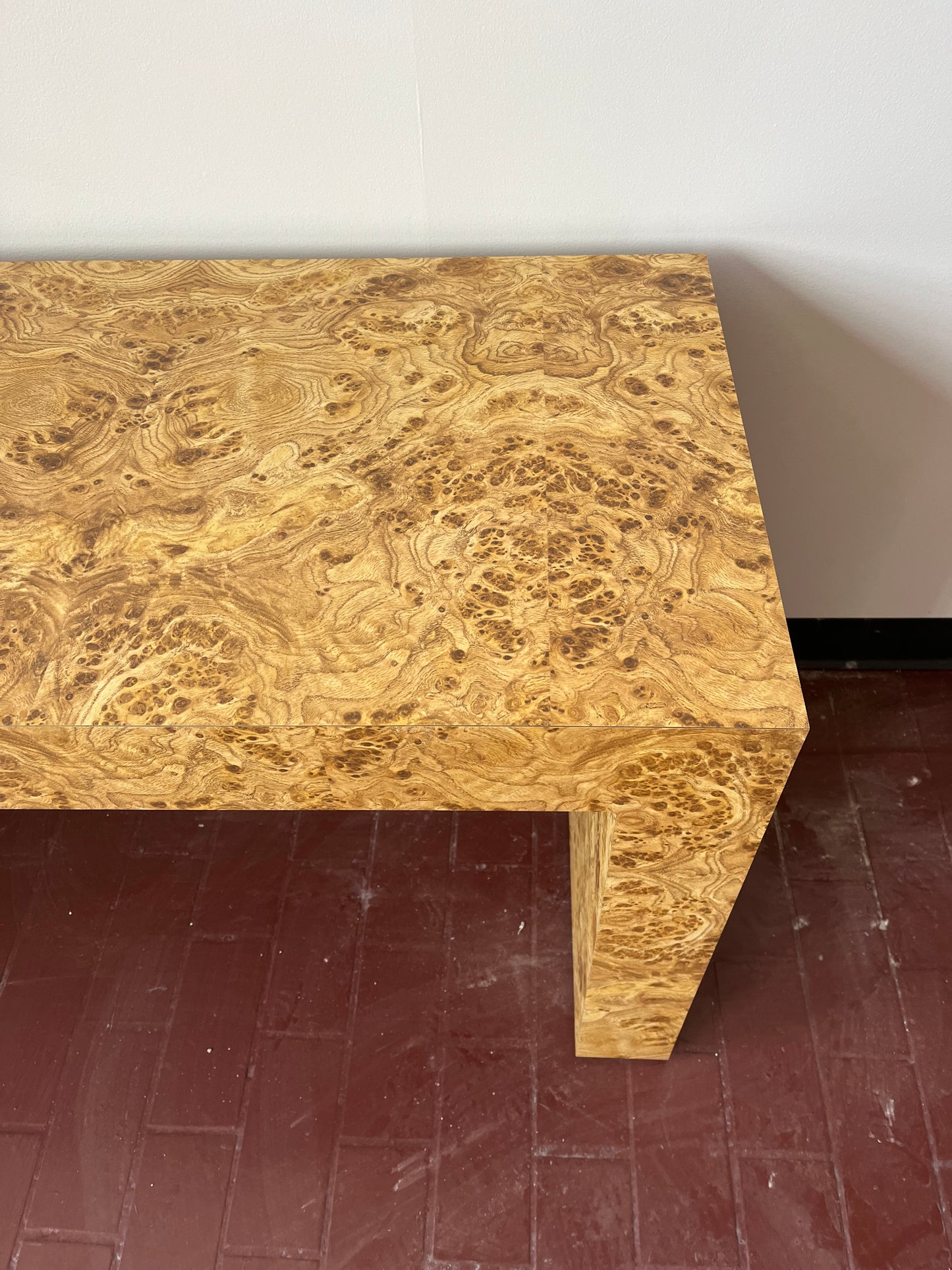 Vintage Parsons Style Burl Laminate Console Table