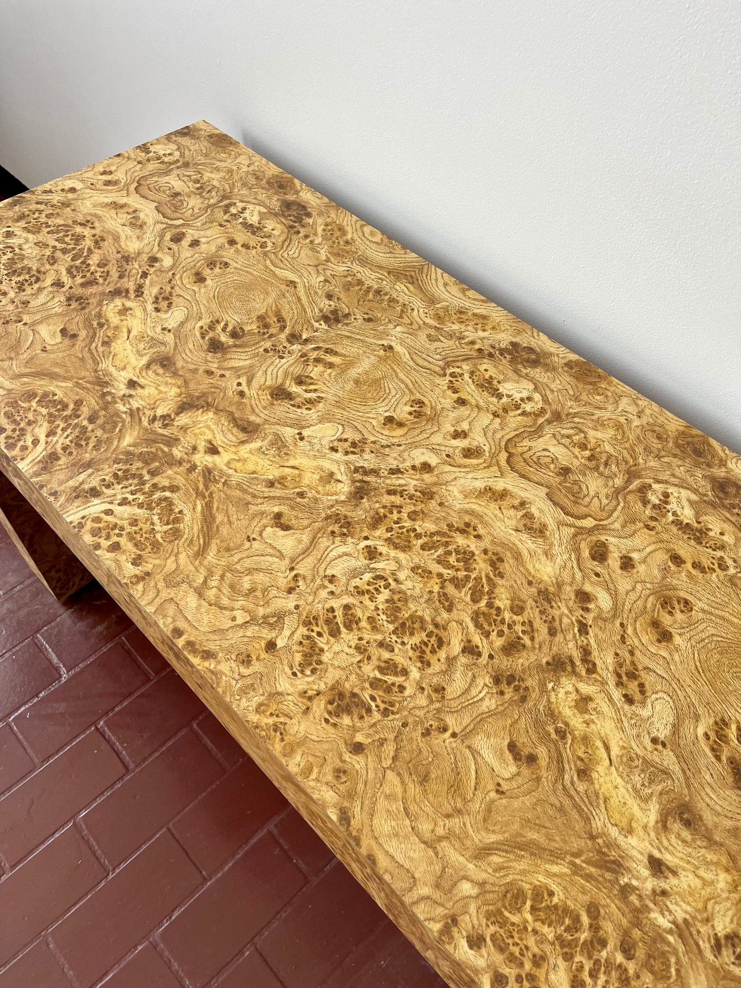Vintage Parsons Style Burl Laminate Console Table