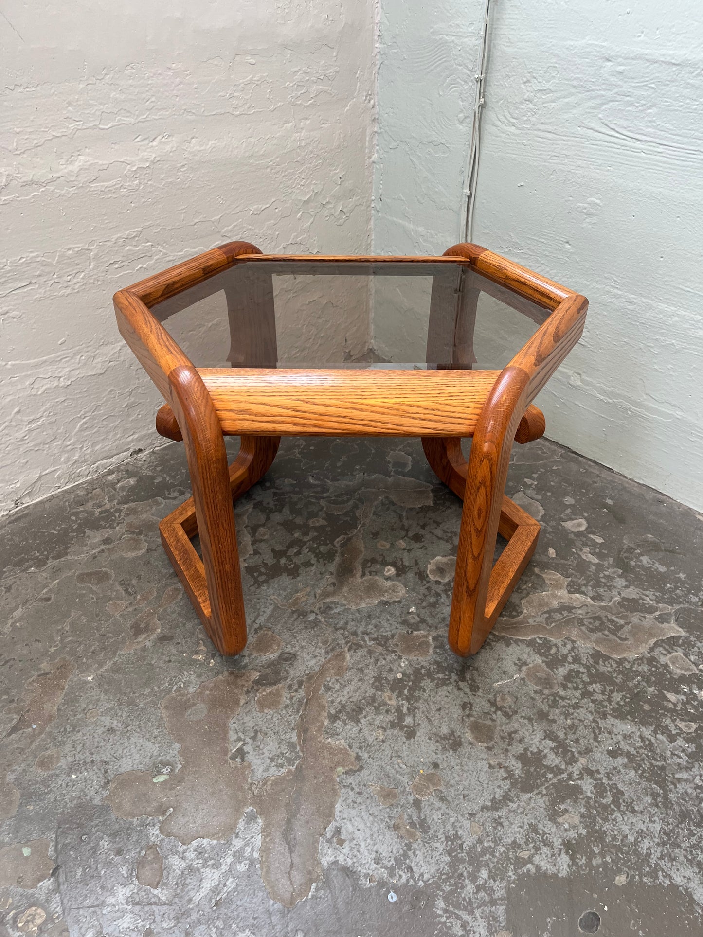 Vintage Postmodern Lou Hodges Style Oak Hexagon End Table