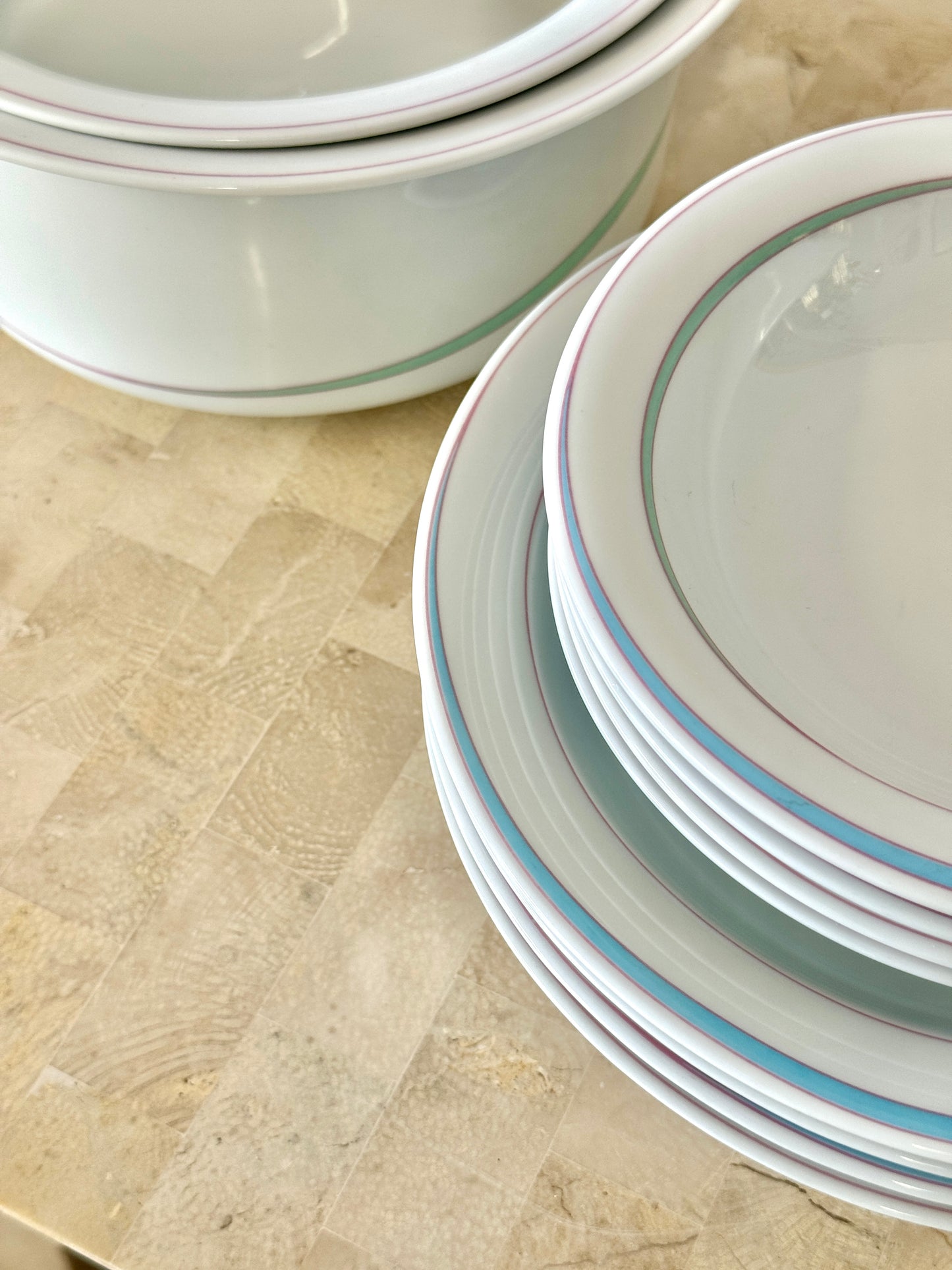 Vintage 1980s Pastel Rimmed Porcelain Arzberg “Orion” Tableware Set