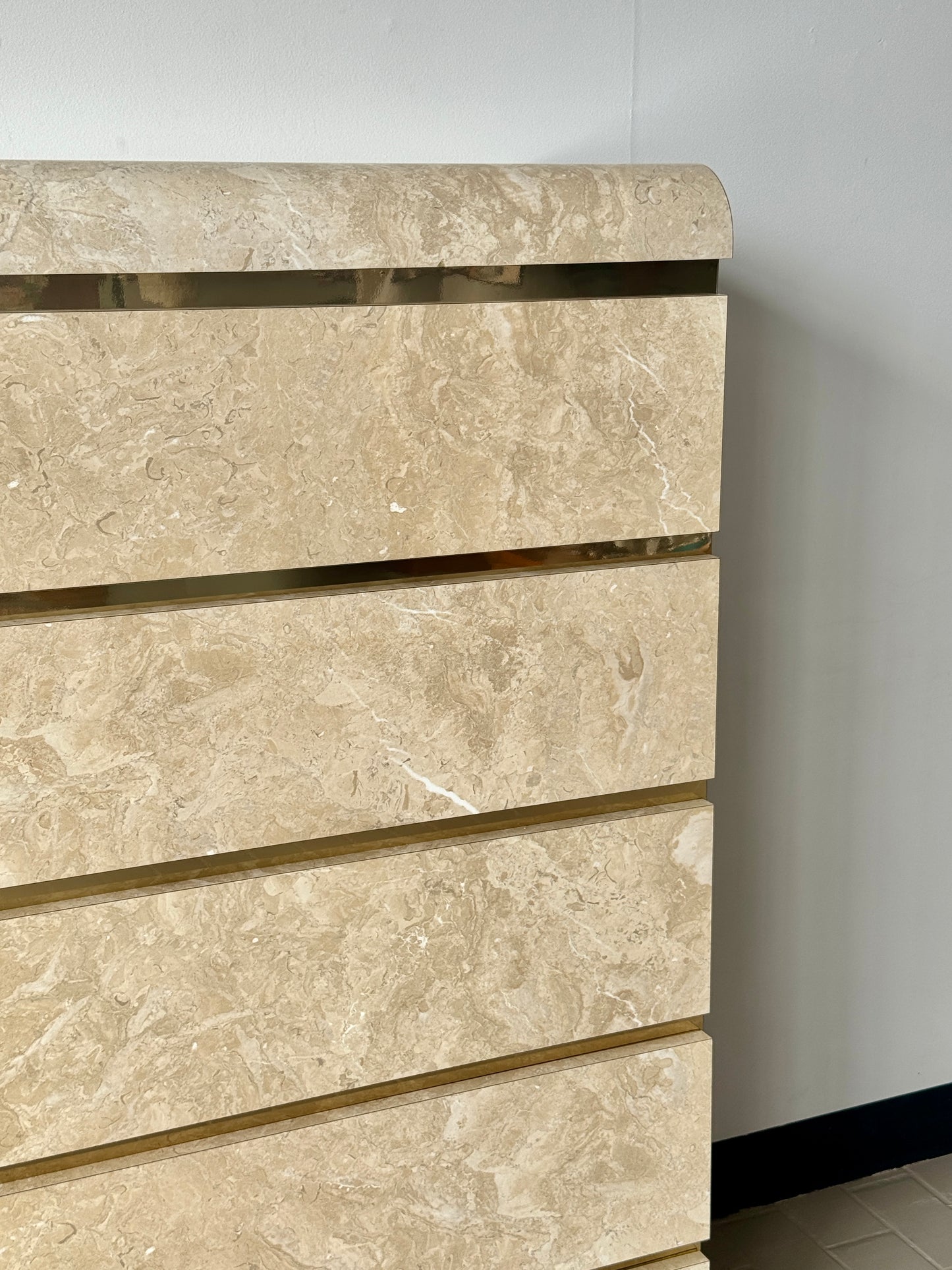 Postmodern Faux Marble Laminate & Brass Waterfall Highboy Dresser