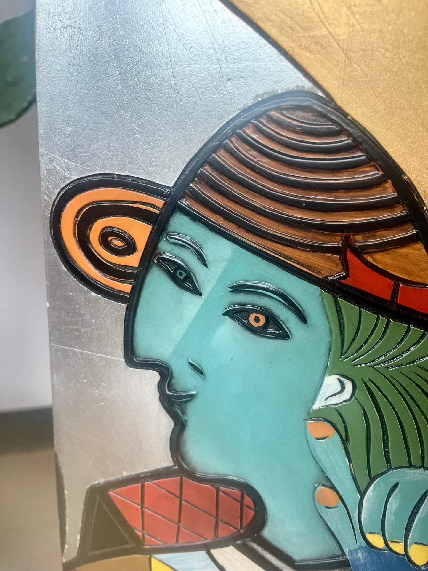 Vintage Picasso Style Silver and Gold Leaf Abstract Figure Pedestal