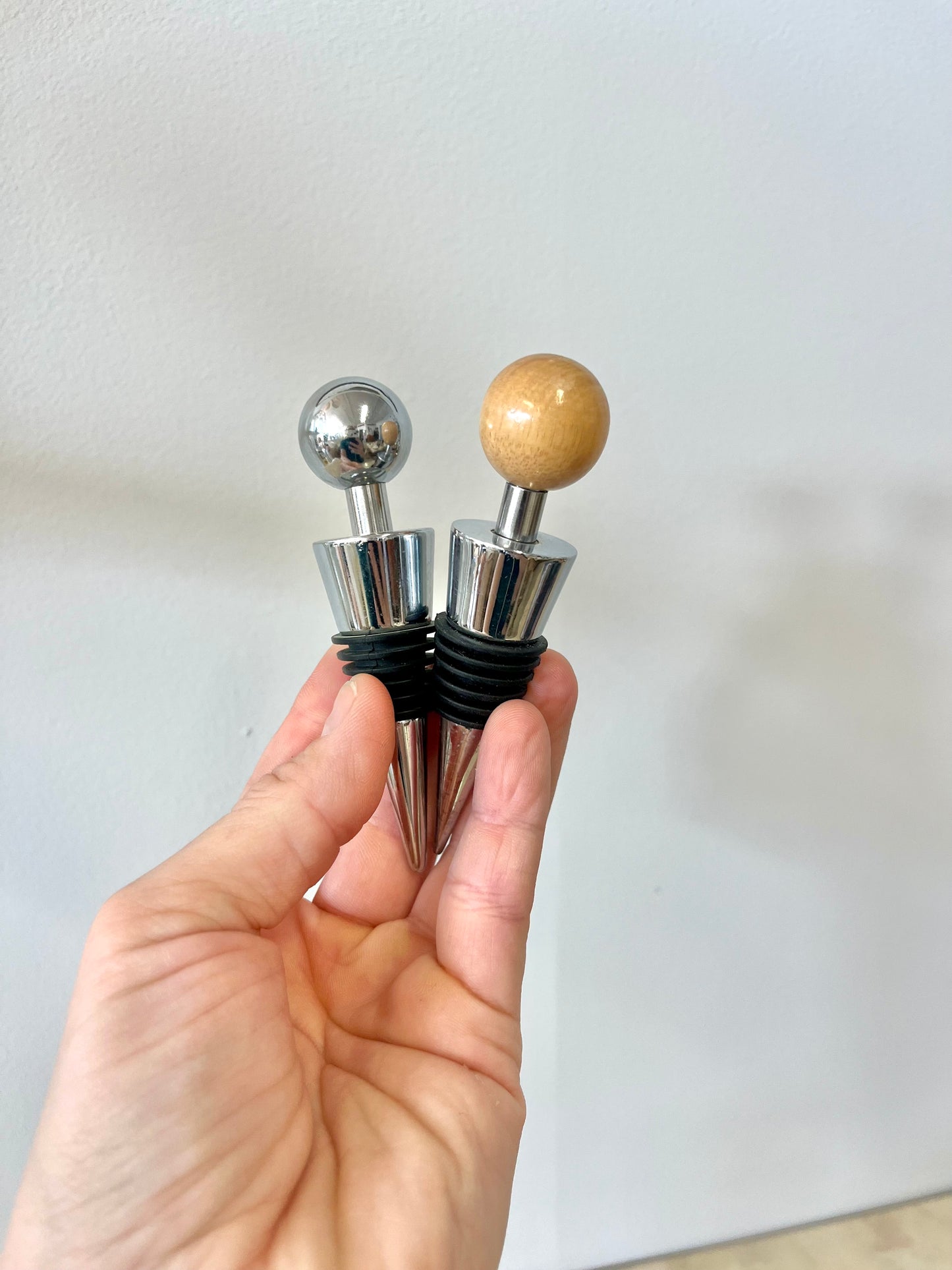 Postmodern Stainless Steel and Oak Bottle Stopper Set