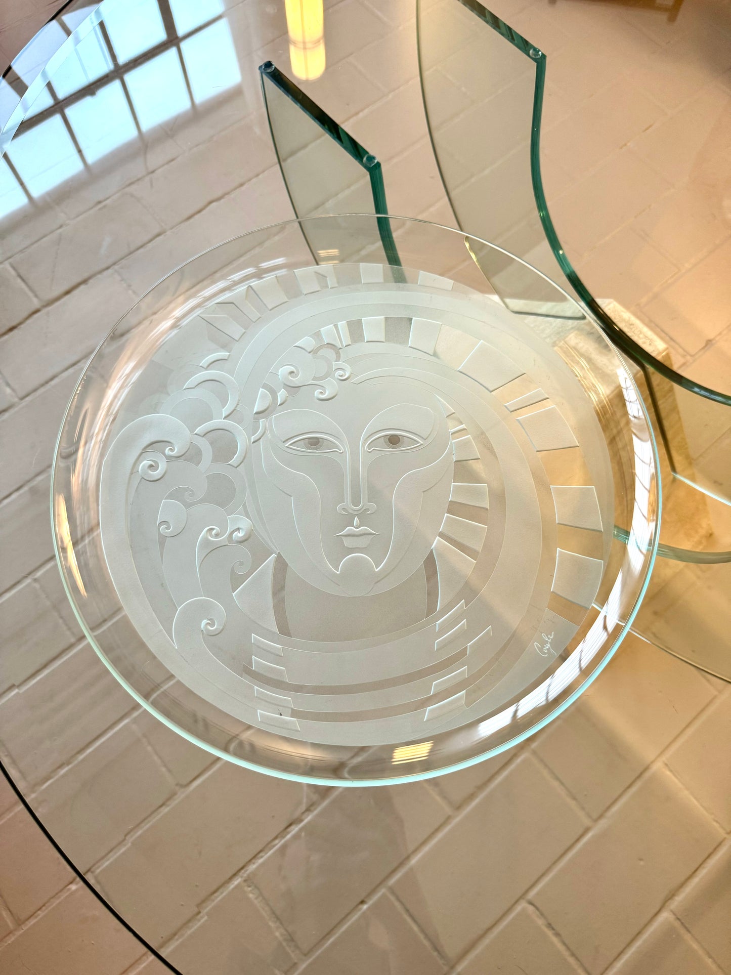 Vintage Signed Perry Coyle Etched Art Glass Serving Platter