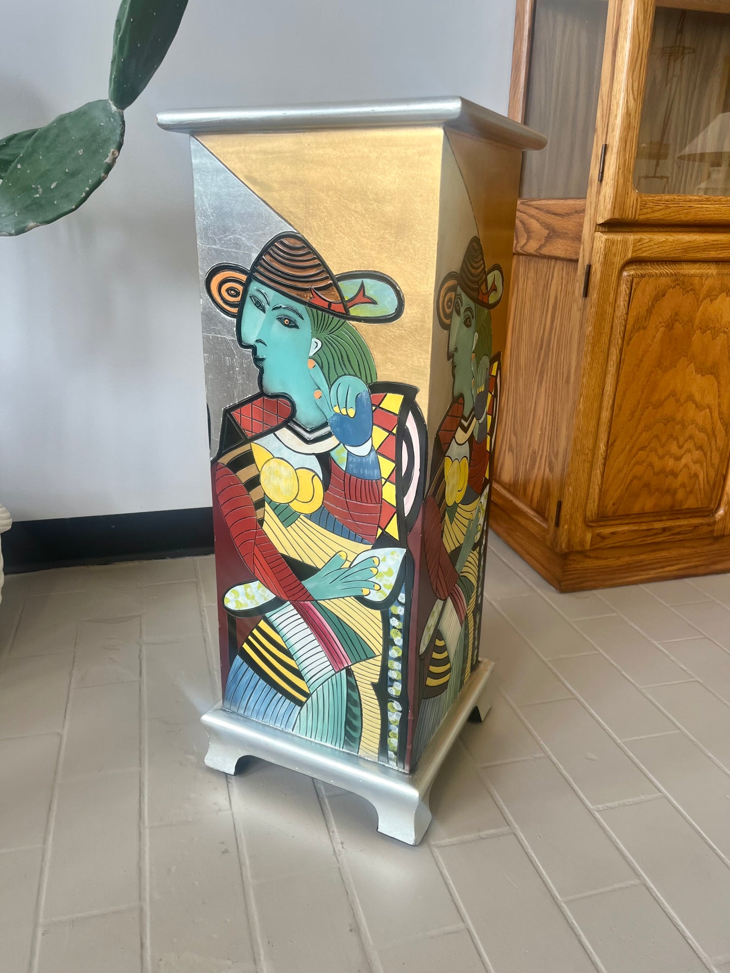 Vintage Picasso Style Silver and Gold Leaf Abstract Figure Pedestal