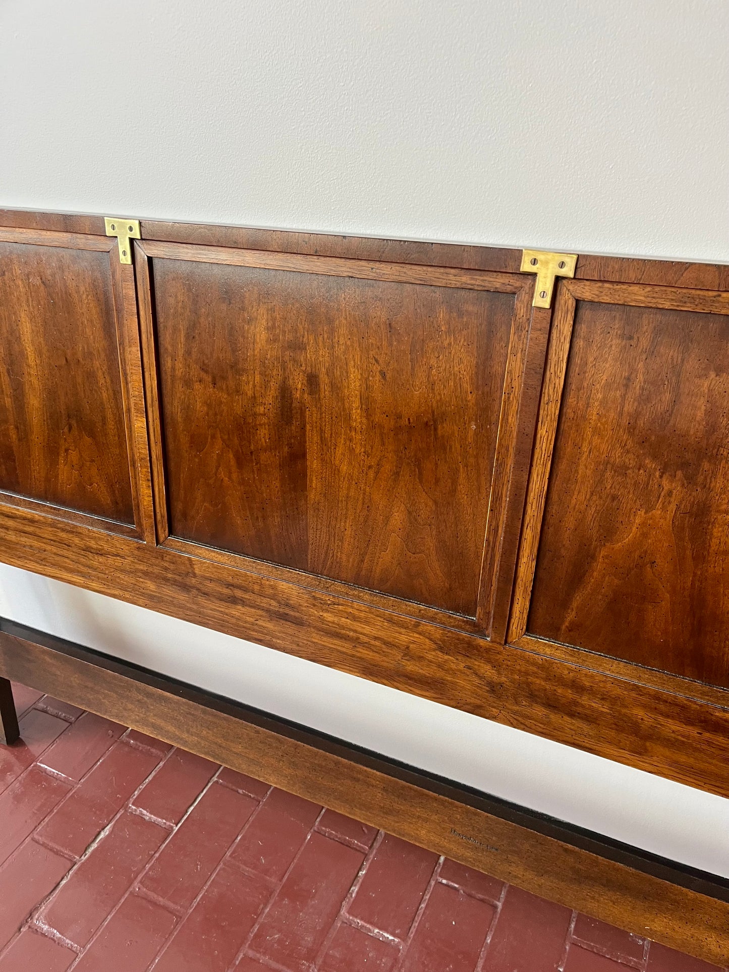 Mid Century Henredon Campaign Style Walnut and Brass King Headboard