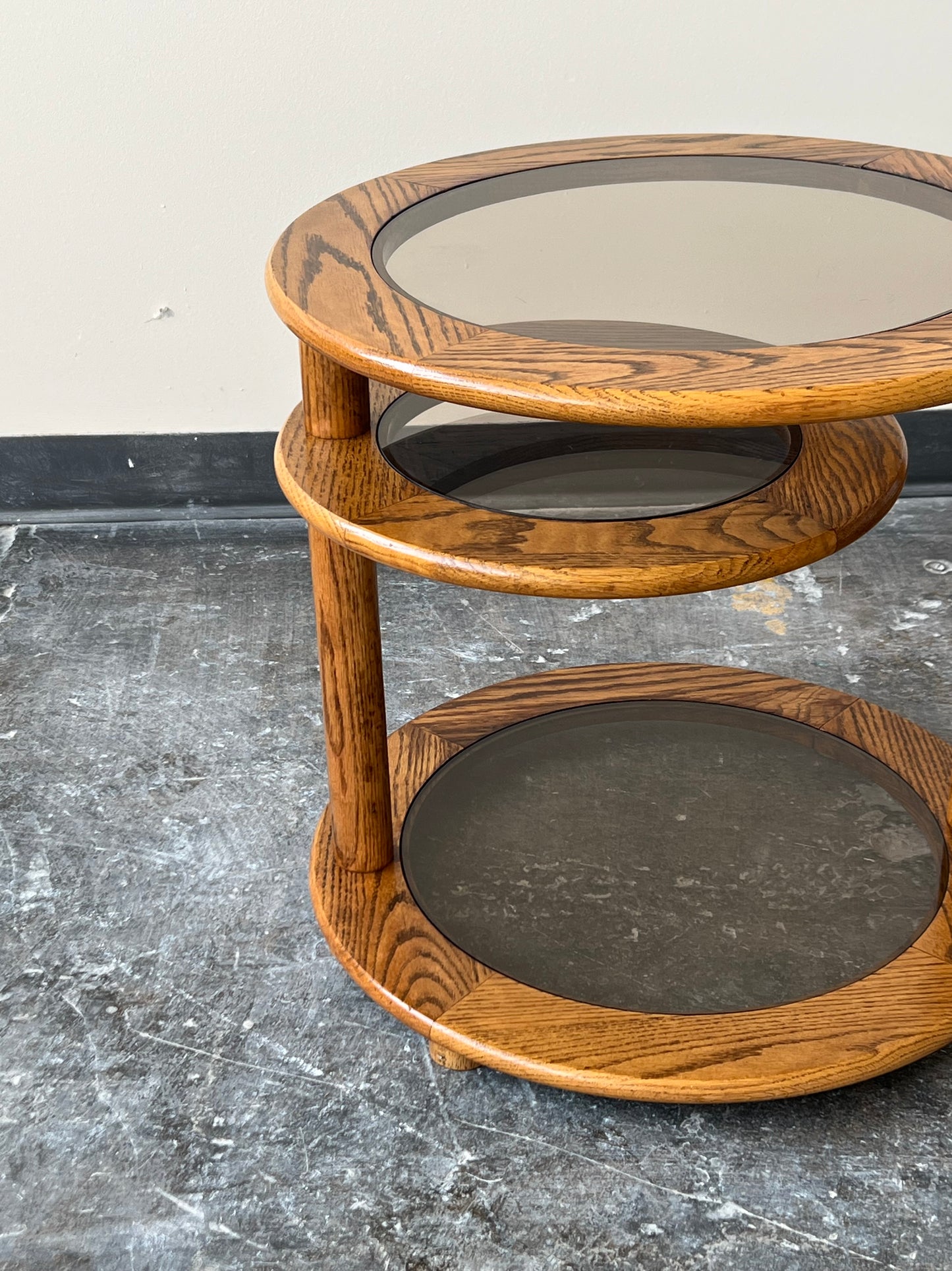 Postmodern Oak and Smoked Glass Swivel Side Table