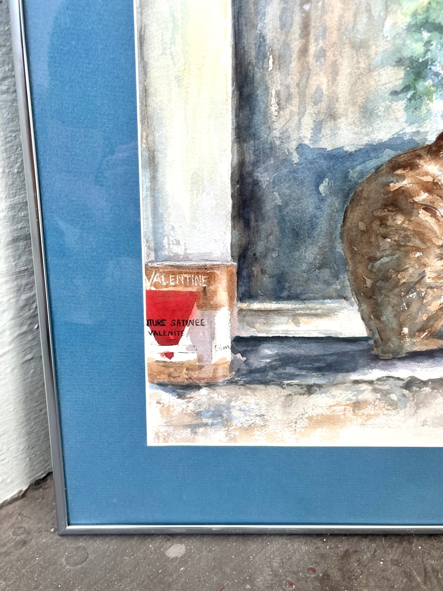 Framed and Signed Cat in Windowsill Watercolor